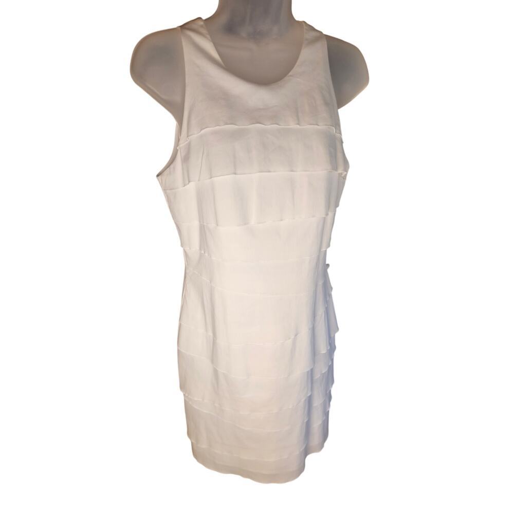 Nicole Miller White Sheath Dress Tiered Ruffles Scoop Neckline Zip Up Sz 8 - Picture 2 of 9